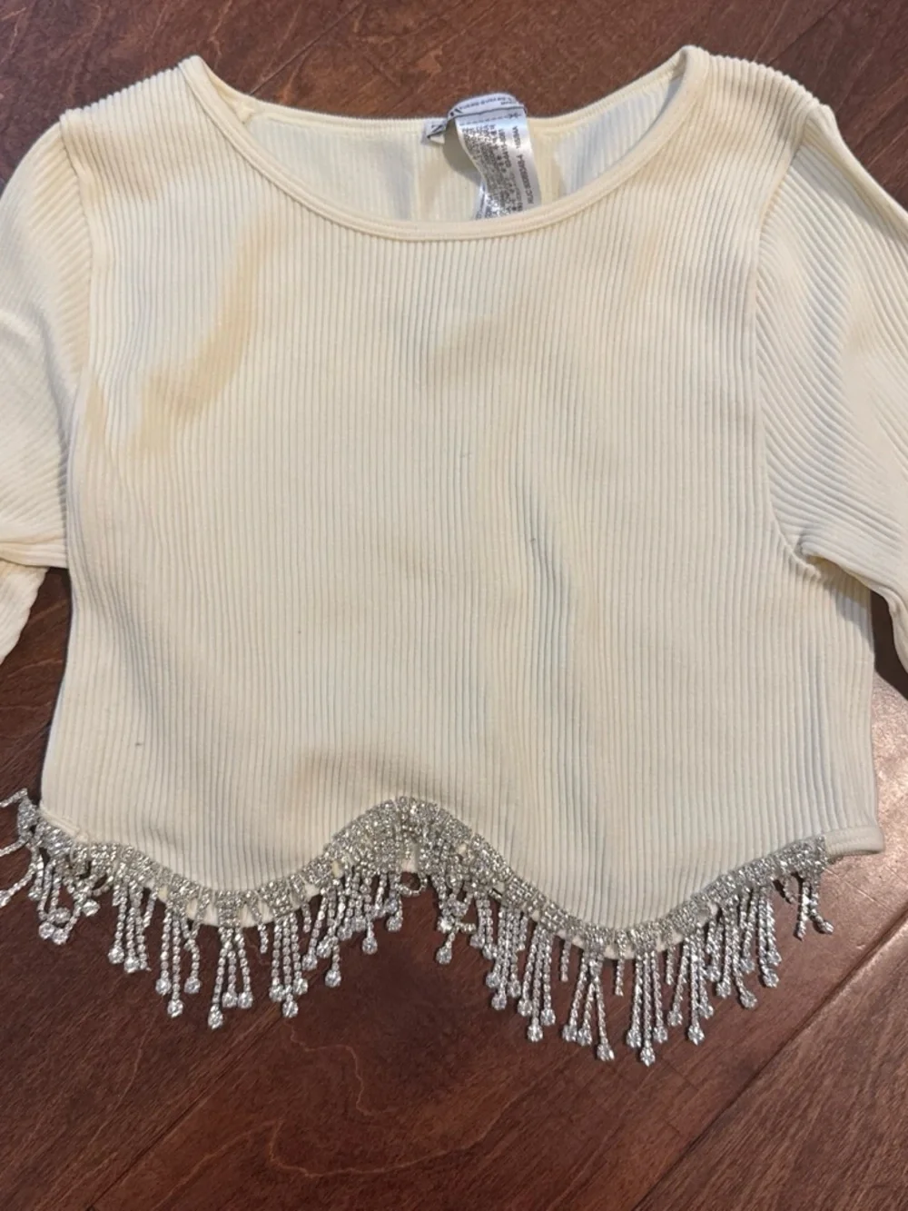Zara Cream Ribbed Crop Top with Beaded Fringe